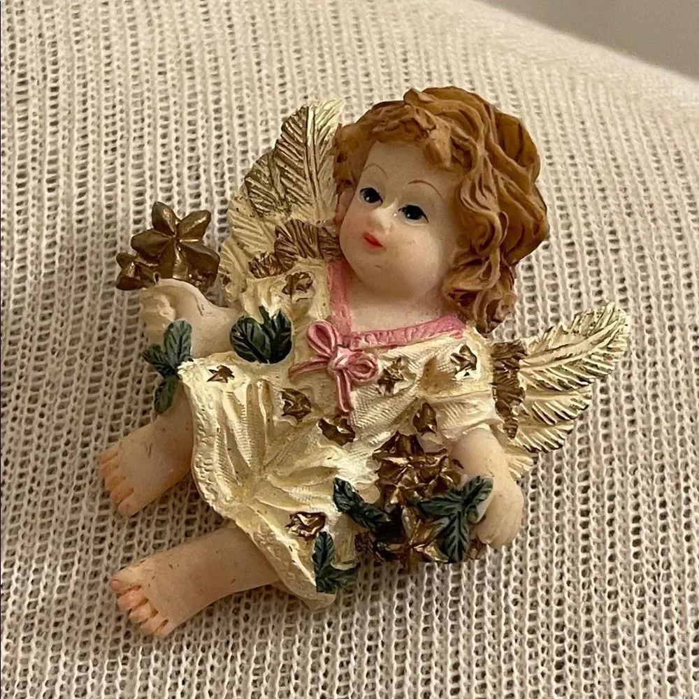 Vintage Charming Angel Figurine with Gold and Cream Dress Brooch